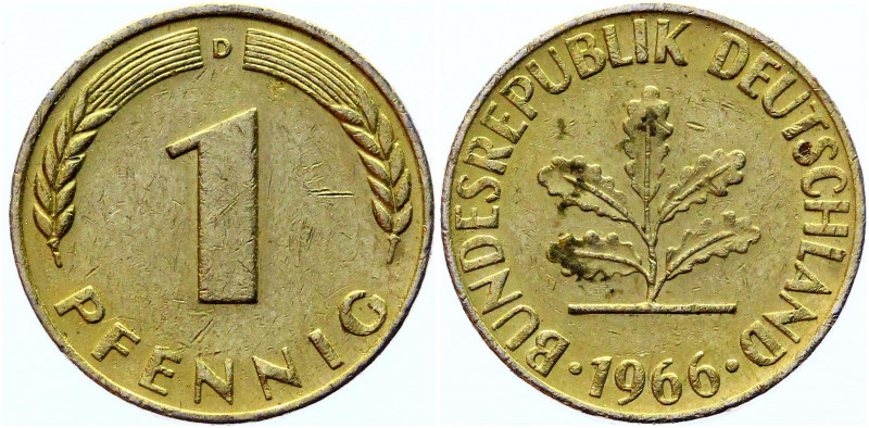 Germany - FRG 1 Pfennig 1966 D Error Yellow Metal
KM# 105; Minted in Yellow Met...