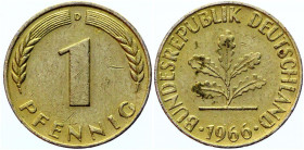 Germany - FRG 1 Pfennig 1966 D Error Yellow Metal
KM# 105; Minted in Yellow Metal; VF.