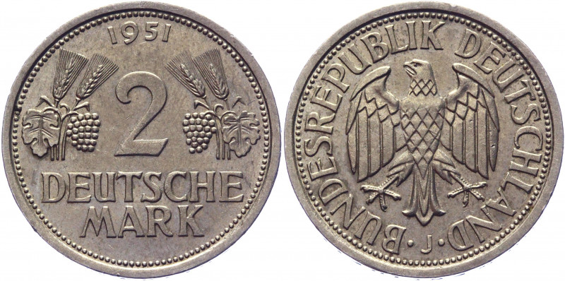 Germany - FRG 2 Mark 1951 J
KM# 111; Copper-Nickel 6.87 g.; Mint: Hamburg; XF-A...