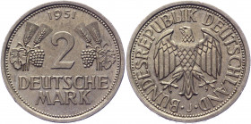 Germany - FRG 2 Mark 1951 J
KM# 111; Copper-Nickel 6.87 g.; Mint: Hamburg; XF-AUNC