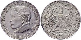 Germany - FRG 5 Mark 1957 J Commemorative Coinage
KM# 117; Silver 11.13 g.; Centenary - Death of Joseph Freiherr von Eichendorff, poet; Mint: Hamburg...