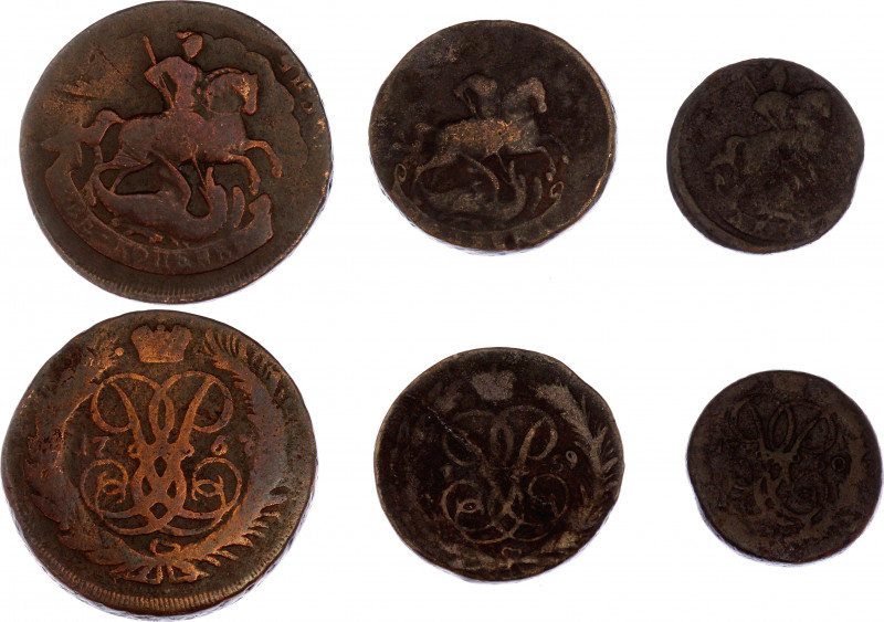 Russia Denga & 1 Kopek & 2 Kopeks 1759 - 1767
Copper; F-VF