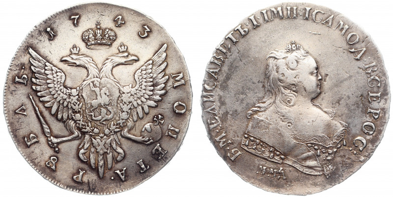 Russia 1 Rouble 1743 MMД Overstruck
Bit# 108; Silver 25,11g 43x42mm; 2,25 Roubl...