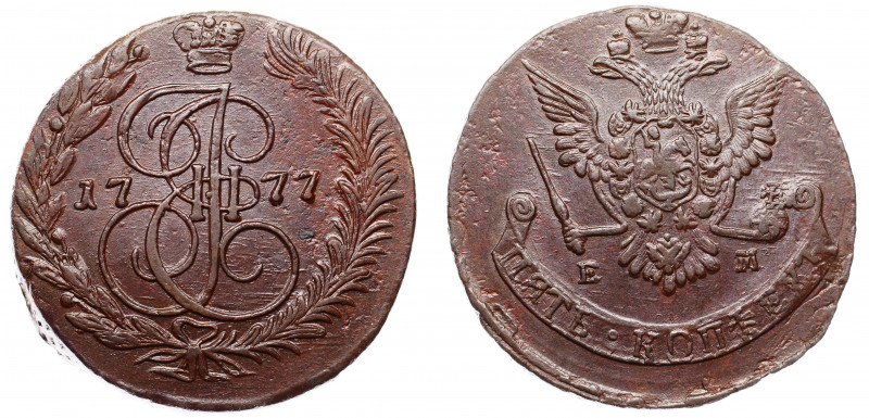 Russia 5 Kopeks 1777 EM
Bit# 626; Copper 52.90g; Rare in this Condition; aUNC