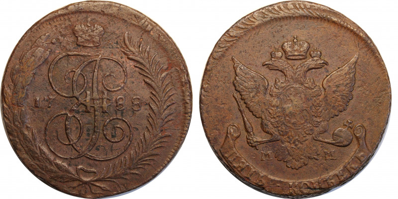 Russia 5 Kopeks 1788 ММ
Bit# 528; Copper 52.44 g.; Very rare this condition; AU...