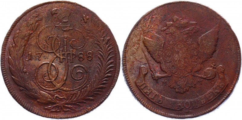 Russia 5 Kopeks 1788 ММ Overstruck
Bit# 528; 1 R by Petrov; Copper 48,31g.; XF-...