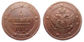 Russia 5 Kopeks 1802 EM
Bit# 283; Copper 54.96g;