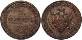 Russia 5 Kopeks 1809 ЕМ
Bit# 299; 1 R by Petrov; Copper 52.94 g.; Yekaterinbugh mint; Wire edge; Beautiful collectible sample; Rare; AUNC with natura...
