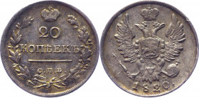 Russia 20 Kopeks 1820 СПБ ПД
Bit# 201; Conros# 143/20; Silver 3.96 g.; XF+ Toned