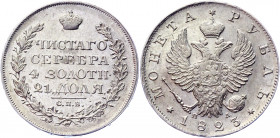 Russia 1 Rouble 1823 СПБ ПД
Bit# 137; 1,5 R by Petrov; Conros# 77/39; Silver 21.01 g.; XF-AUNC
