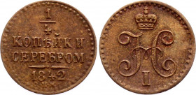 Russia 1/4 Kopek 1842 СПМ
Bit# 845; Copper 2.12 g.; XF