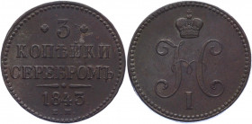 Russia 3 Kopeks 1843 ЕМ
Bit# 542; Copper 30,22g.; XF+
