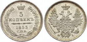 Russia 5 Kopeks 1853 СПБ HI
Bit# 412; Silver, UNC