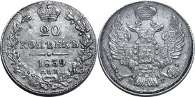 Russia 20 Kopeks 1839 СПБ НГ
Bit# 321; Silver 4.13 g.; Mint luster; AUNC