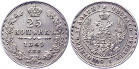 Russia 25 Kopeks 1849 СПБ ПА
Bit# 300; Conros# 137/41; Eagle of 1850-1855; Silver 5.07 g.; AUNC