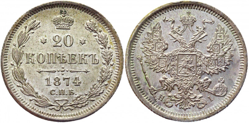 Russia 20 Kopeks 1874 СПБ HI
Bit# 225; Silver 3,57g.; UNC