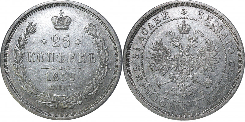 Russia 25 Kopeks 1859 СПБ ФБ R
Bit# 131 R; Silver 5.09 g.; AUNC