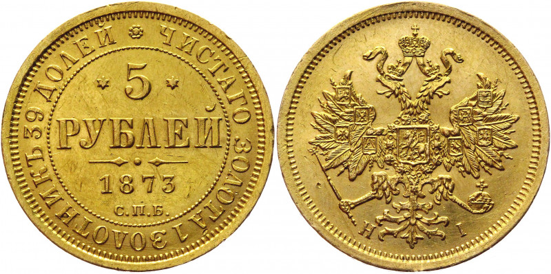 Russia 5 Roubles 1873 СПБ HI
Bit# 21; Conros# 18/17; Gold (.917) 6.54 g.; AUNC-...