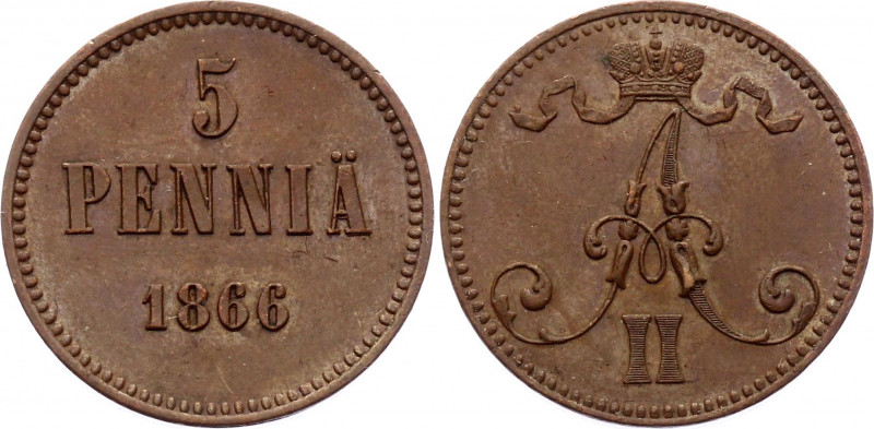 Russia - Finland 5 Pennia 1866
Bit# 658; Copper ; 6.37 g.; AUNC