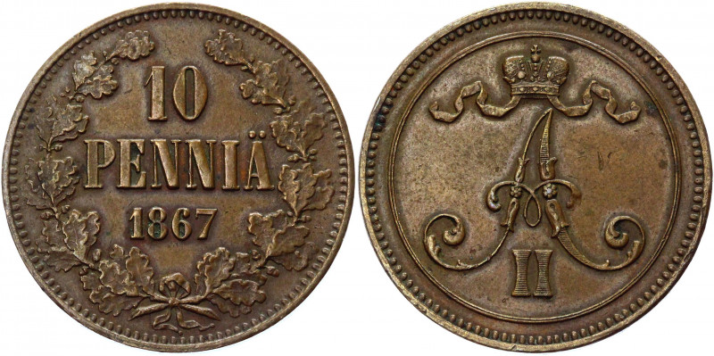 Russia - Finland 10 Pennia 1867
Bit# 653; Conros# 487/3; Copper 2,77g.; Rare in...