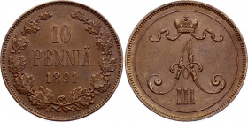 Russia - Finland 10 Pennia 1891
Bit# 245; Copper 12.72 g.; UNC with minor hairlines