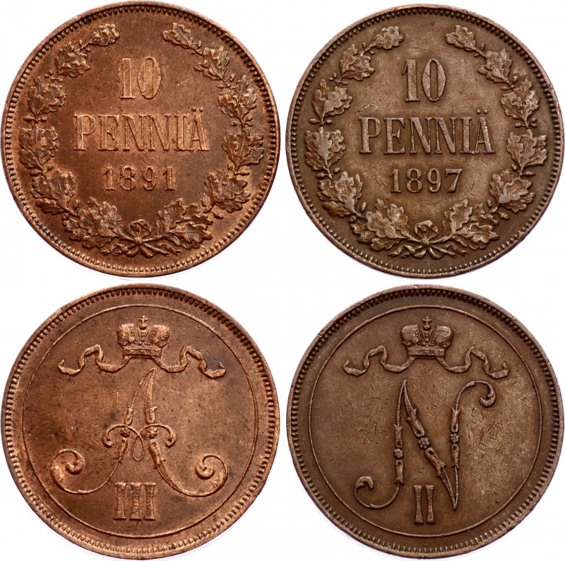 Russia - Finland 2 x 10 Pennia 1891 - 1897
Bit# 245, 425; Copper