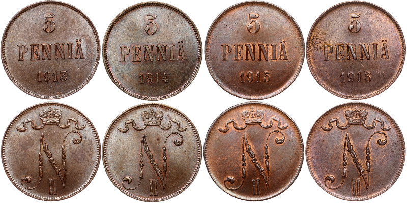 Russia - Finland Lot of 4 Coins 1913 - 1916
5 Pennia 1913-1916; Bit# 453-456; С...