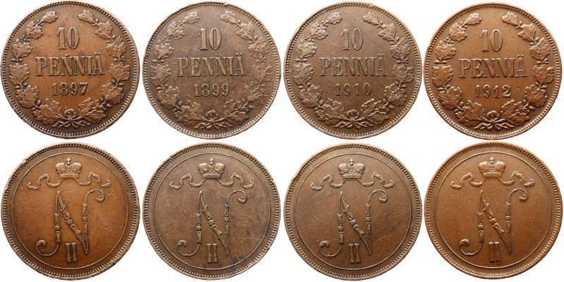 Russia - Finland Lot of 4 Coins 1897 - 1912
10 Pennia 1897-1912; Bit# 425,427,4...