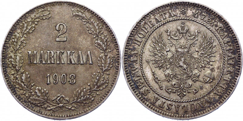 Russia - Finland 2 Markka 1908 L
Bit# 398; Conros# 483/10; Silver 10.30 g.; XF-...