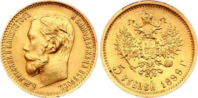 Russia 5 Roubles 1899 ФЗ
Bit# 24; Gold (.900) 4.3g, UNC, mint luster.