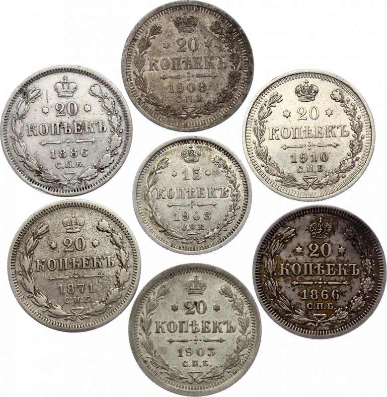 Russia Lot of 7 Coins 1866 - 1910
Silver; 15 Kopeks & 6 x 20 Kopeks 1866 - 1910...