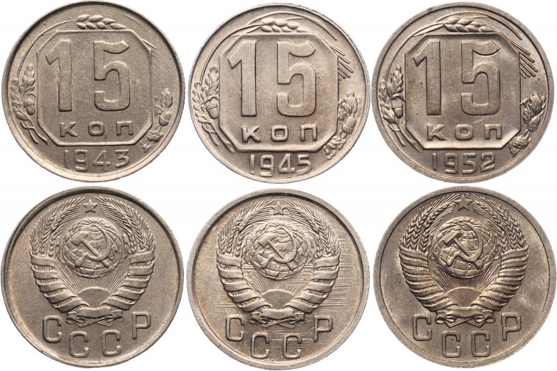 Russia - USSR Lot of 3 Coins 1943-1952
15 Kopeks 1943-1952; Y# 110; Y# 117; Cop...