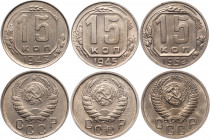 Russia - USSR Lot of 3 Coins 1943-1952
15 Kopeks 1943-1952; Y# 110; Y# 117; Copper-Nickel; aUNC/UNC