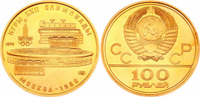 Russia - USSR 100 Roubles 1978
Y# 151; Gold (.900) 17,05g.; 1980 Olympics; Lenin Stadium; UNC.