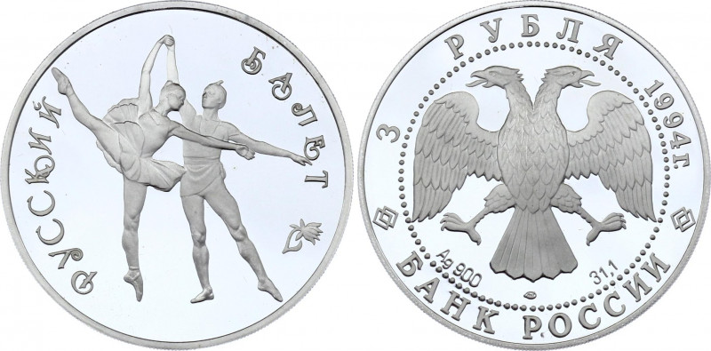 Russian Federation 3 Roubles 1994
Y# 405; Silver (.900), 34.88 g. 39 mm.; Proof...