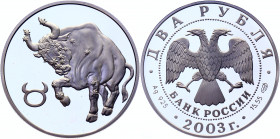 Russian Federation 2 Roubles 2003 СПМД
Y# 845; Silver 17.00g.; Zodiac Signs-Taurus; Proof