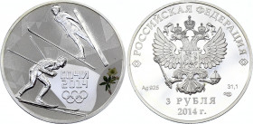 Russian Federation 3 Roubles 2014
Y# 1484; Silver (0.925), 33.94 g. 39 mm.; Proof with colour; extra quality; Winter Olympics in Sochi, Nordic combin...