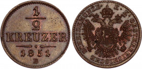 Austria 1/2 Kreuzer 1851 B
KM# 2181; Copper, AUNC.