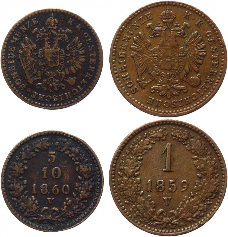 Austria 5/10 & 1 Kreuzer 1859 - 1860 V
KM# 2182 & 2186; Copper; Franz Joseph I;...