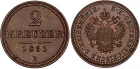 Austria 2 Kreuzer 1851 B
KМ# 2189; Kremnitz mint. Copper, UNC.