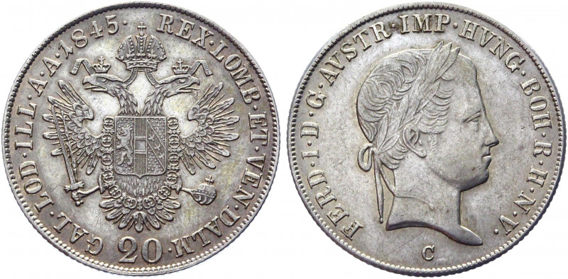 Austria 20 Kreuzer 1845 C
KM# 2208; Silver 6,67g.; Ferdinand I ; Mint Luster; A...