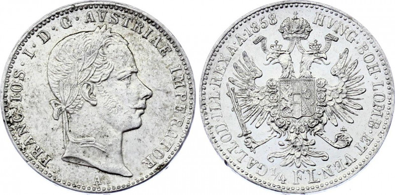 Austria 1/4 Florin 1858 A
KM# 2213; Franz Joseph I; Silver, UNC. Mint luster!