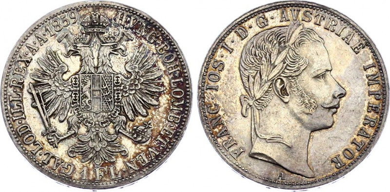 Austria 1 Florin 1859 A
KM# 2219; Silver; Franz Joseph I; AUNC+ with mint luste...