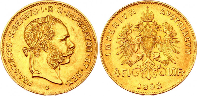 Austria 4 Florin / 10 Francs 1892 Restrike
KM# 2260; Gold (.900) 3,19g.; Franz ...