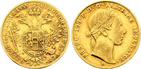 Austria 1 Ducat 1855 A
KM# 2263; Gold (.986) 3.49 g., 19.8 mm.; Franz Joseph I; VF+