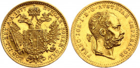 Austria 1 Ducat 1877
KM# 2267; Gold (.986) 3.49 g., 20 mm.; Franz Joseph I; AUNC with minor hairlines