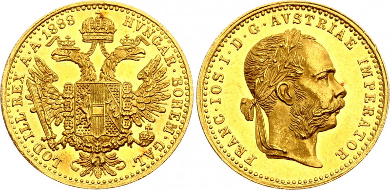 Austria 1 Ducat 1888
KM# 2267; Gold (.986) 3.49 g., 20 mm.; Franz Joseph I; UNC