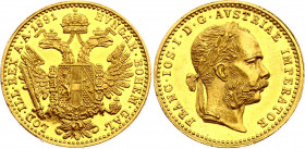 Austria 1 Ducat 1891
KM# 2267; Gold (.986) 3.49 g., 20 mm.; Franz Joseph I; UNC with minor scratches