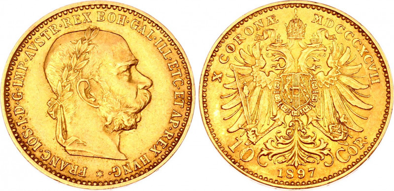 Austria 10 Corona 1897
KM# 2805; Gold (.900) 3.38 g., 19 mm.; Franz Joseph I; A...