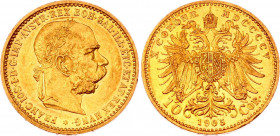 Austria 10 Corona 1905
KM# 2805; Franz Joseph I; Gold (.900) 3.38g. UNC.